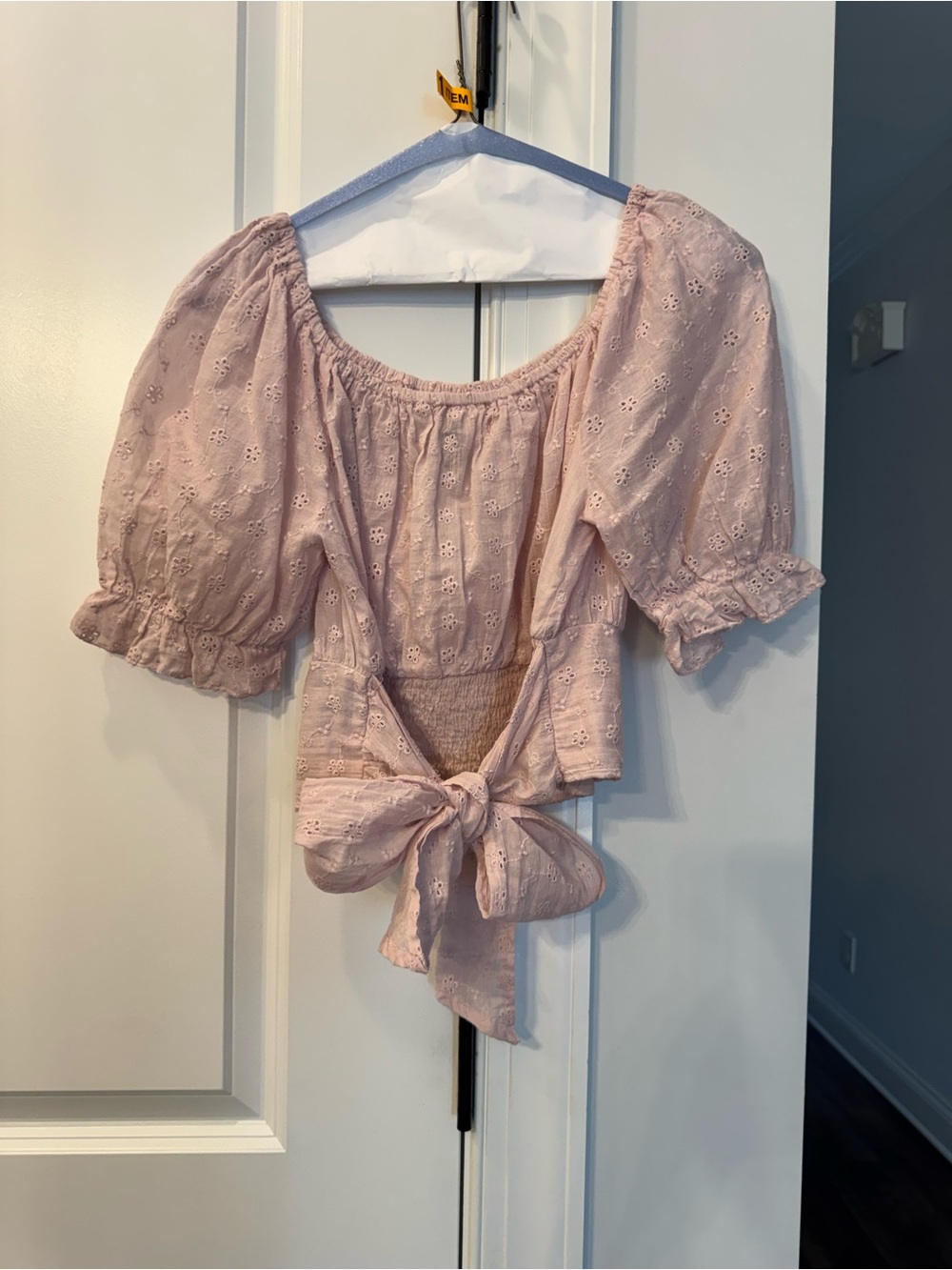 Women's Pink Eyelet Tie-Front Puff Sleeve Top